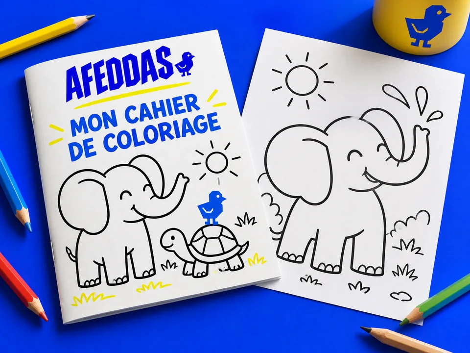 Présentation d’un cahier de coloriage AFEDDAS et d’un dessin d’éléphant