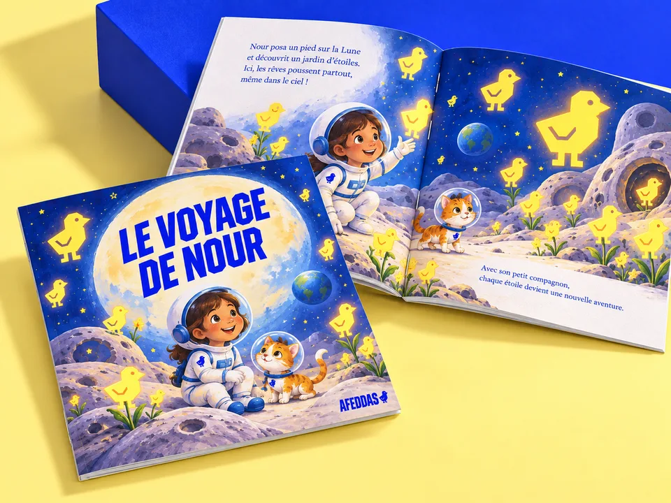 Exemple de livre personnalisé : Le voyage de Nour, avec une enfant astronaute